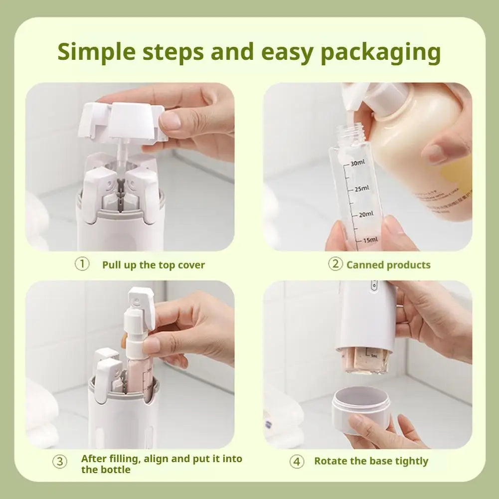 4-in-1 travel or gym dispenser: leak-proof portable bottles for perfume, shampoo, conditioner, and lotion.