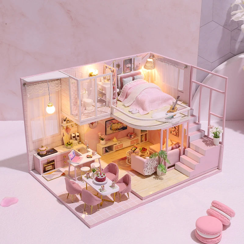 Wooden Miniature Doll House Kit 3D Puzzle Assembly Building Model Toy Handmade Duplex Apartment Production Toys Home Decoration