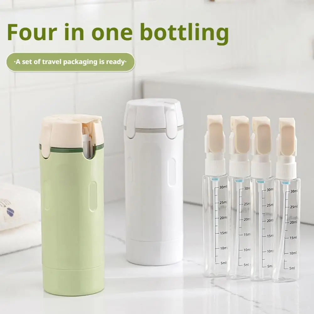 4-in-1 travel or gym dispenser: leak-proof portable bottles for perfume, shampoo, conditioner, and lotion.