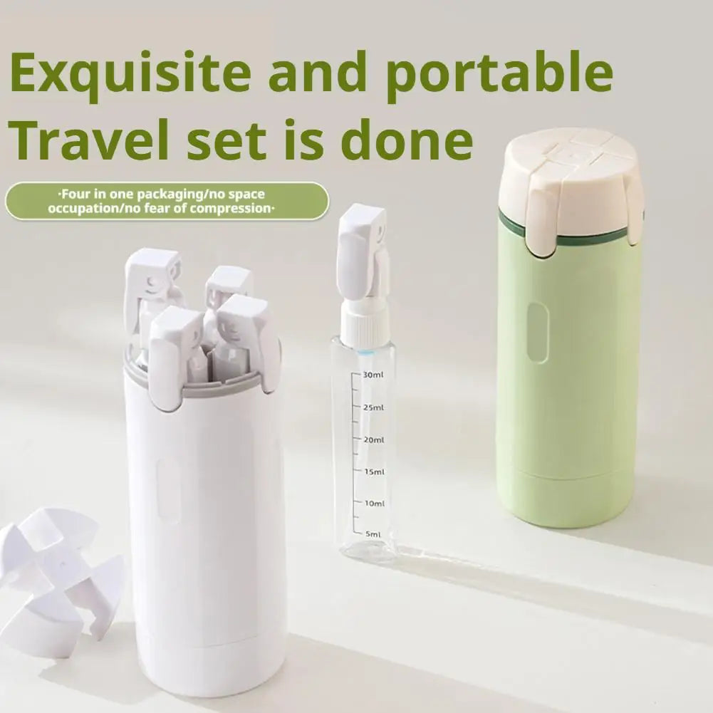 4-in-1 travel or gym dispenser: leak-proof portable bottles for perfume, shampoo, conditioner, and lotion.
